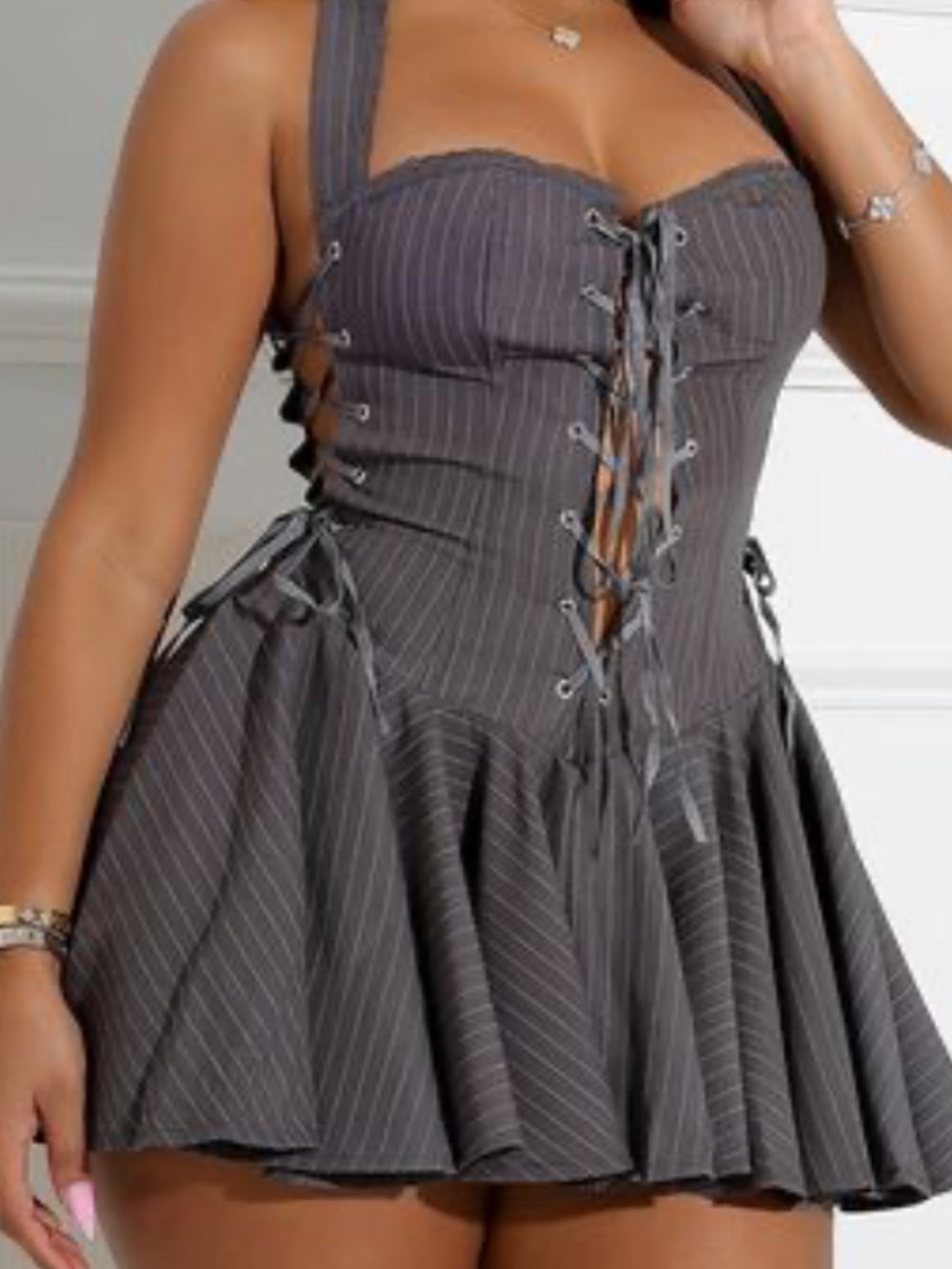 Edge Charcoal Pinstripe Lace-Up Mini Dress
